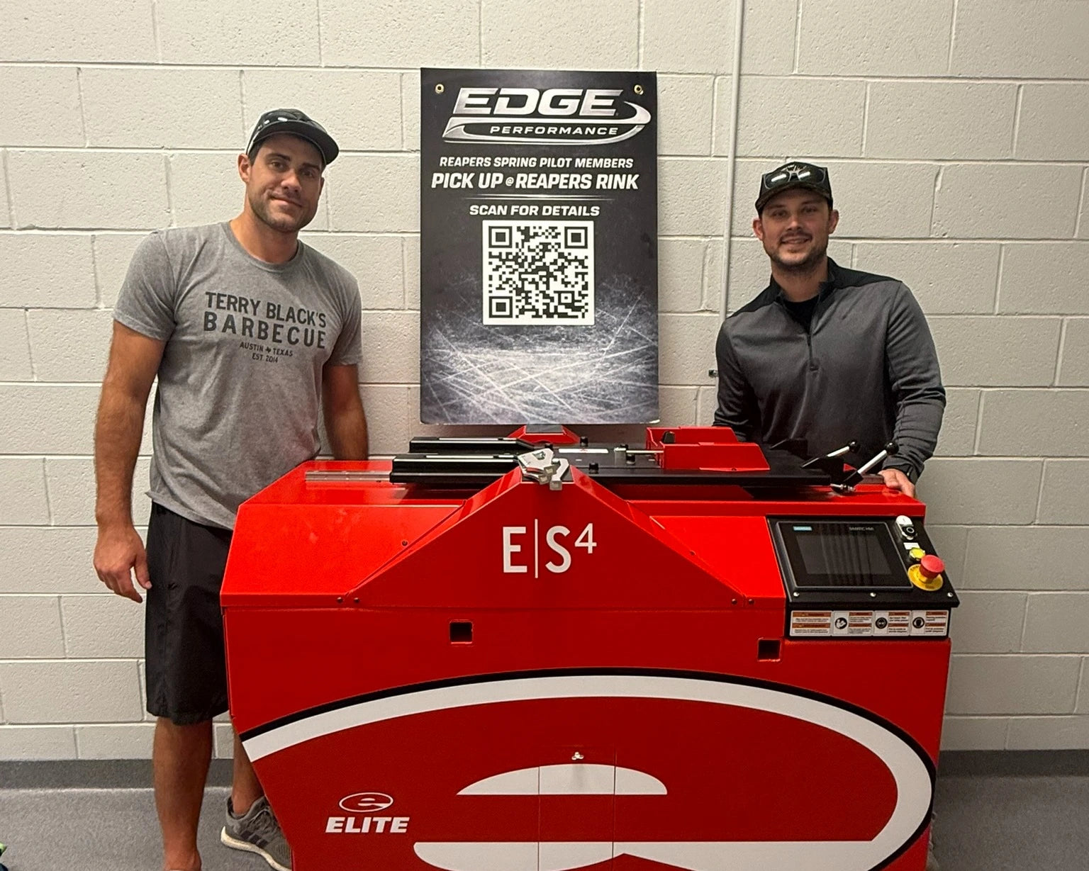EDGE Performance co-founders Mike Mersch and Jordan Malin beside the Elite E-S4 sharpener