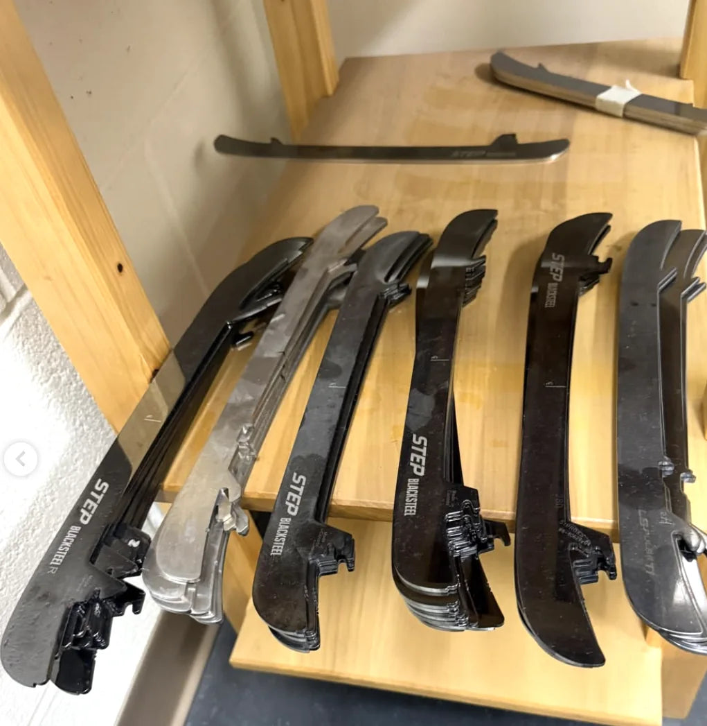 Real hockey steel sets showing differences in height, shape, and wear